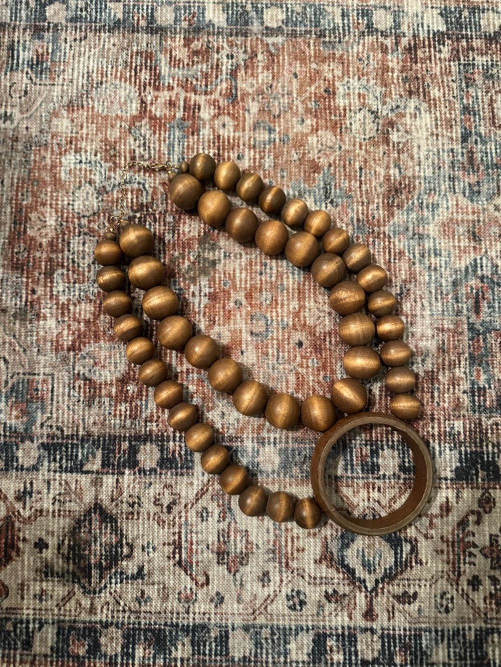 Vintage Double Layered, Chunky Wooden Bead Necklace with Wooden Ring Pendant